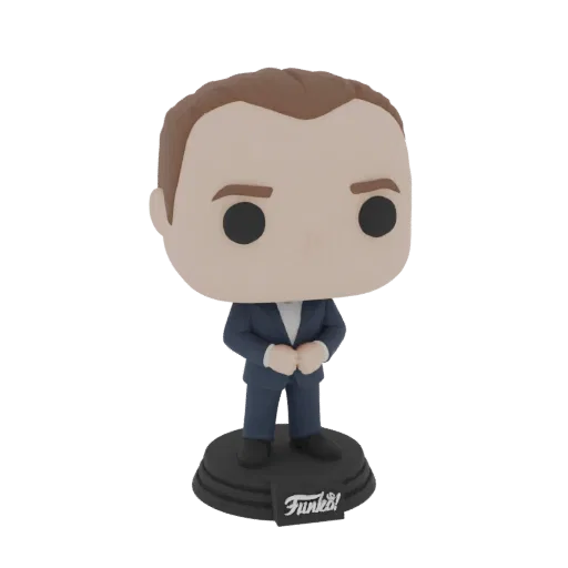 3D модель стилизованного мужчины в темном костюме, похожего на фигурку Funko Pop, на черном основании с логотипом 'Funko!'.