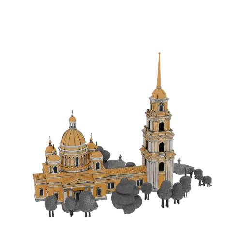 3D модель желтой православной церкви с куполами и колокольней, окруженная серыми деревьями.