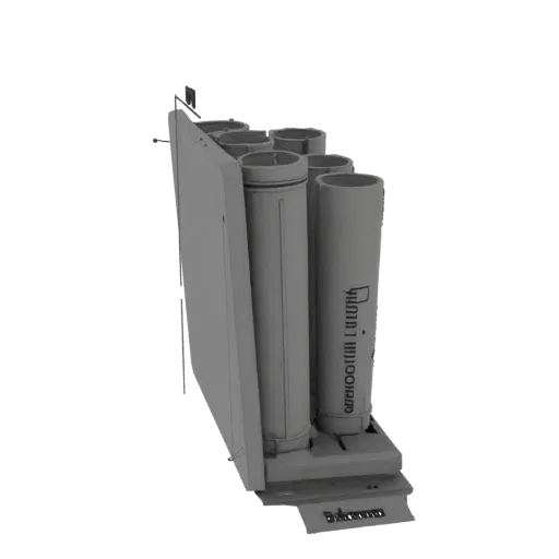 3D-модель серого держателя для мусатов с тремя наклонными вертикальными гильзами на основании, предназначенная для кухни или