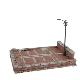 3D модель разрушенной кирпичной платформы с уличным фонарем, выполненная в реалистичном стиле.