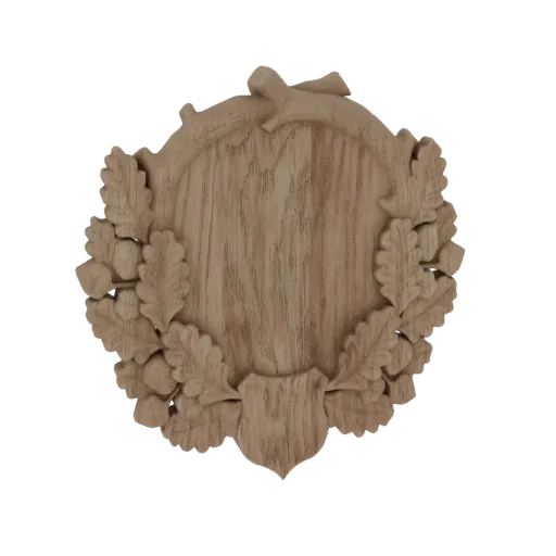 3D модель резного венка из дубовых листьев с желудями и центральным щитом, представленная на белом фоне.