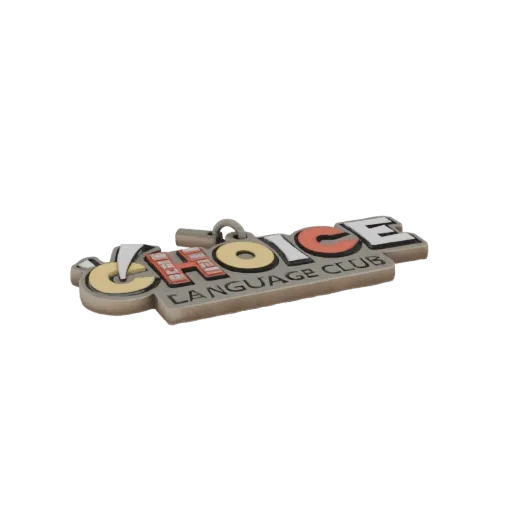 3D модель брелока "Choice Language Club" с жирным разноцветным шрифтом и основанием под металл.
