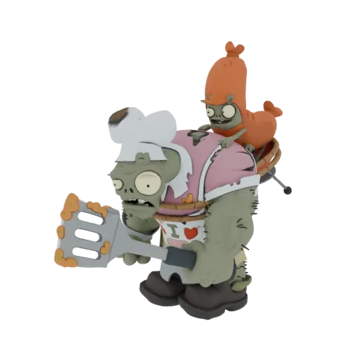 3D-модель Шеф-Зомби из Plants vs. Zombies в шляпе повара и фартуке, с меньшим зомби в колбасной шляпе на спине.