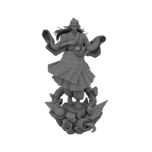 Рендер 3D модели мистического колдуна в динамичной позе, держащего светящийся шар, с детализированными одеждами и скалистым о