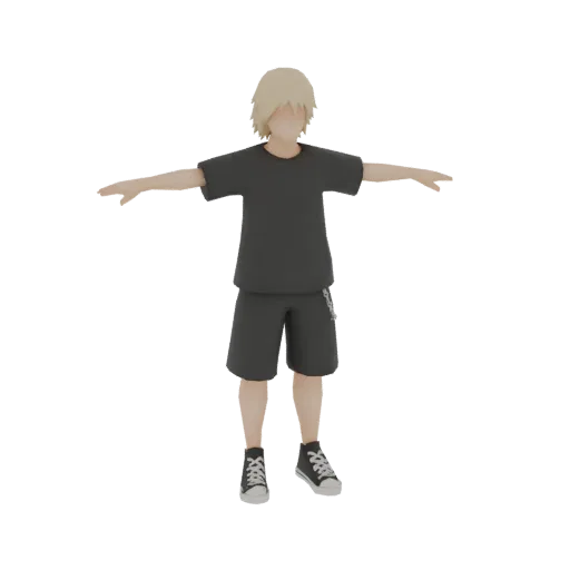 3D модель подростка со светлыми волосами в T-позе, одетого в темную футболку и шорты, на белом фоне.