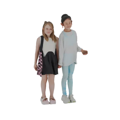 3D модель двух юных девушек, стоящих вместе, одна в черно-белом платье, другая в синем свитере и леггинсах.