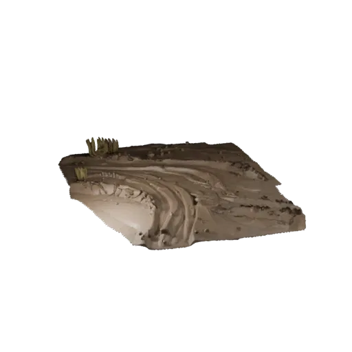 Реалистичная 3D модель грязевого поля боя, рендер окружения в три четверти, показывающий слоистую почву, детали рельефа.