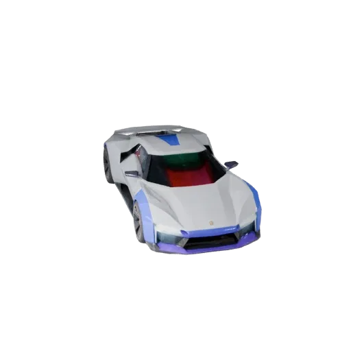 Низкополигональная 3D-модель футуристического автомобиля, вид из игрового окна в три четверти, низкополигональный ресурс тран