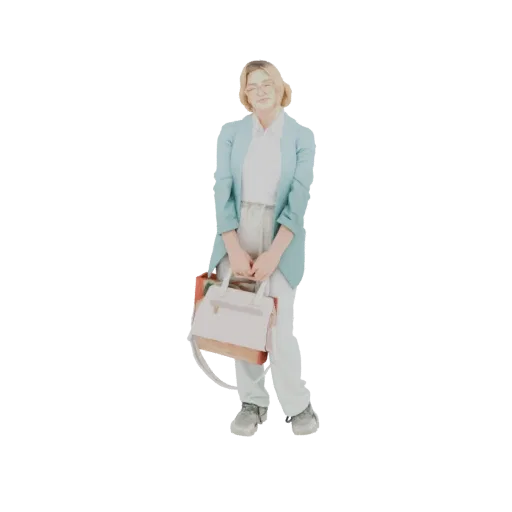 3D модель женщины в синем блейзере, с сумочкой и пакетами, в очках и с светлыми волосами.