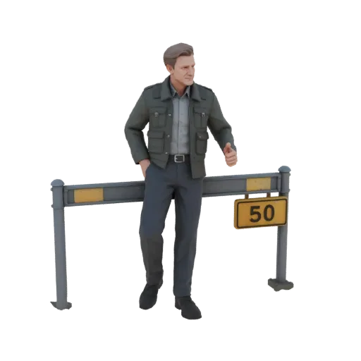 3D модель мужчины средних лет в куртке и брюках, опирающегося на дорожный барьер со знаком "50", показывающего большой палец