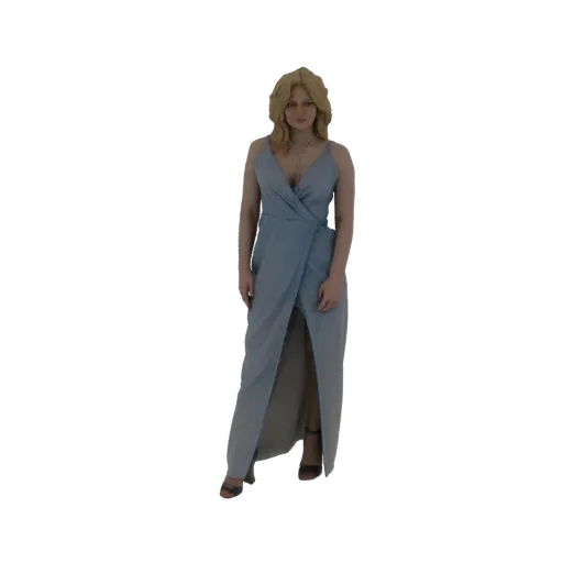 3D модель женщины со светлыми волосами в струящемся голубом вечернем платье с высоким разрезом, стоящей грациозно.