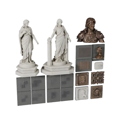 Предварительный просмотр модульного 3D-набора мраморной статуи, показывающий силуэт, вид сверху для сборки, пьедестал и детал