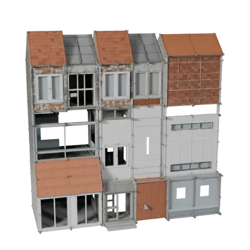 Низкополигональная 3D модель модульного пригородного комплекта, готовая к игре, вид снаружи, демонстрирующий материалы модуль