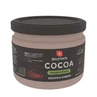 3D-модель банки BioHerb Cocoa Magnesium Coconut Cream с темной этикеткой и бежевым контейнером.