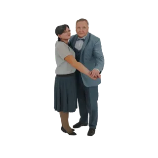 3D-модель танцующей пары, мужчина в бирюзовом костюме, женщина в серой блузке и бирюзовой юбке, оба в романтической позе.