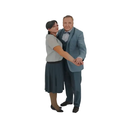 3D-модель танцующей пары, мужчина в бирюзовом костюме, женщина в серой блузке и бирюзовой юбке, оба в романтической позе.