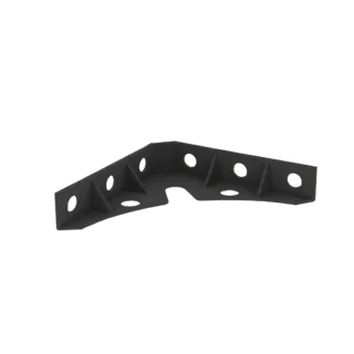 3D render of a black L-shaped bracket with multiple circular holes, presented against a white background.