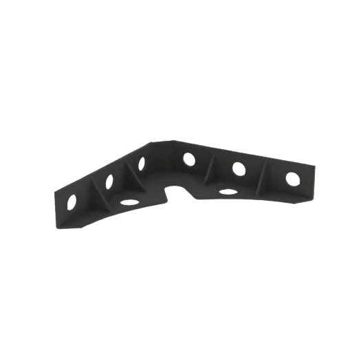 3D render of a black L-shaped bracket with multiple circular holes, presented against a white background.