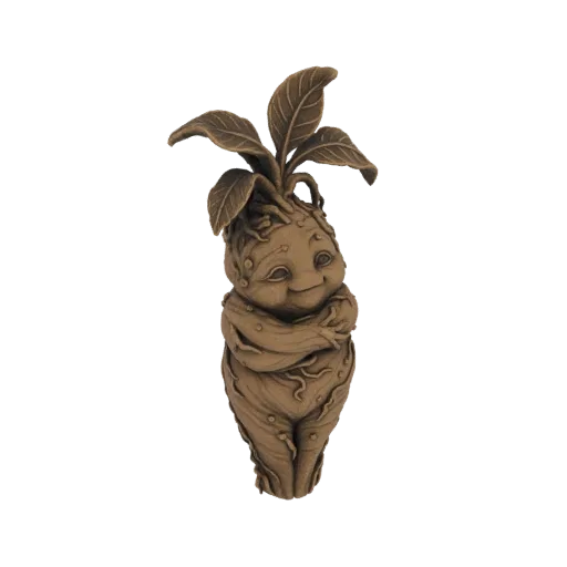Рендер 3D модели существа из корня мандрагоры с улыбающимся лицом и верхушкой из листьев на белом фоне.