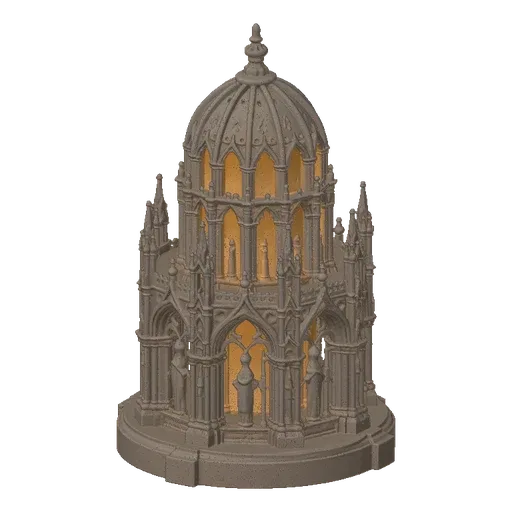 3D модель готического собора-светильника с замысловатыми шпилями, арочными окнами и светящимся интерьером на черном фоне.