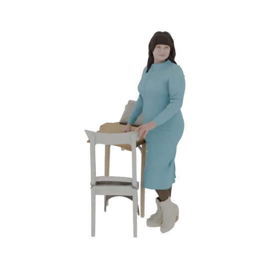 3D модель женщины в синем платье и белых сапогах, стоящей у стула.
