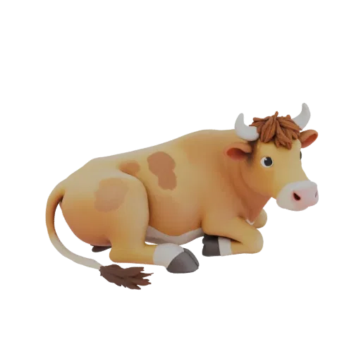 3D модель лежащей коровы в мультяшном стиле, с желтой шкурой и коричневыми пятнами, на белом фоне.