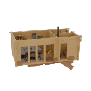3D-модель интерьера бревенчатой избы, демонстрирующая гостиную с диваном, камином, желтым креслом и большими окнами, на белом