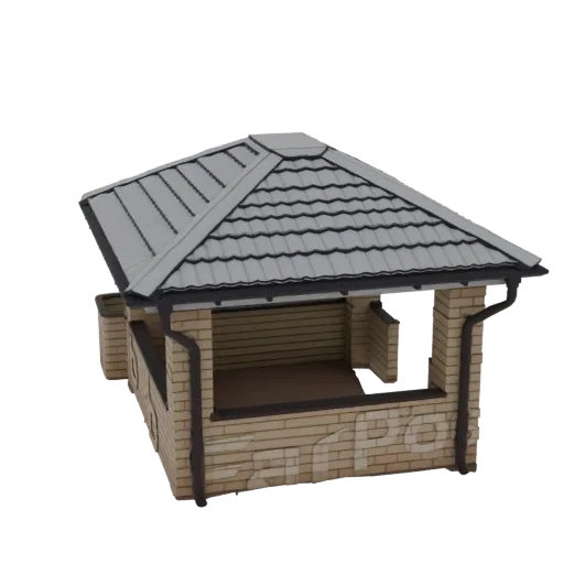 3D модель современной кирпичной беседки с серой черепичной крышей и открытыми сторонами на черном фоне.