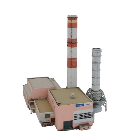 3D модель промышленной электростанции с высокой красно-белой полосатой трубой и меньшей ребристой трубой рядом с розовым здан