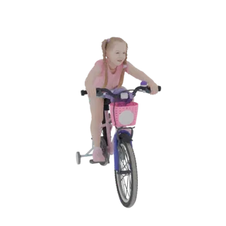 3D модель девочки со светлыми хвостиками, едущей на розовом велосипеде с боковыми колесами и розовой корзиной.