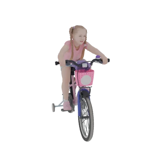 3D модель девочки со светлыми хвостиками, едущей на розовом велосипеде с боковыми колесами и розовой корзиной.
