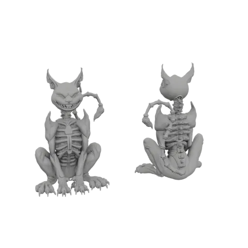 Рендер 3D модели скелета кошки-горгульи в сидячей позе, демонстрирующий обнаженную грудную клетку и ухмыляющуюся морду.