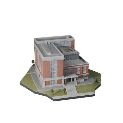 Печатная STL 3D модель здания университета, изометрический вид, показывающий материалы общедоступного здания и архитектурные