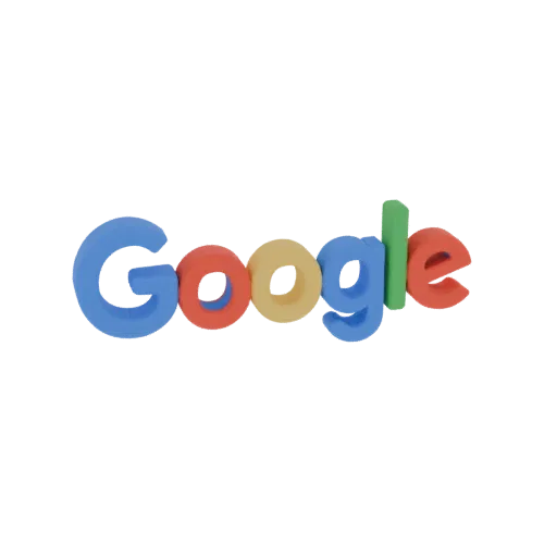 3D-модель логотипа Google с объемными глянцевыми буквами синего, красного, желтого и зеленого цветов на белом фоне.