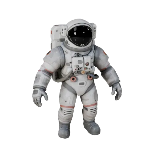 Модульная 3D-модель скафандра, изометрический вид модульного комплекта, с эмиссионными полосами, четким силуэтом объекта.