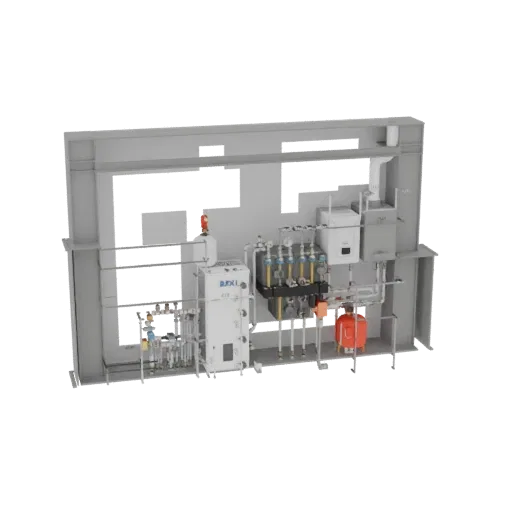 3D модель промышленного котла с детализированными трубопроводами, клапанами, манометрами и красным расширительным баком на не