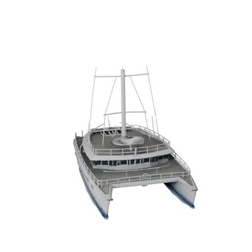 3D модель катамарана, вид из игрового окна в три четверти, готовый для Unity актив с формой корпуса, планировкой палубы и про