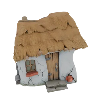 3D модель причудливого коттеджа с соломенной крышей, стенами из потрескавшейся штукатурки, каменными акцентами и деревенской