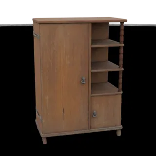 3D модель деревенского деревянного шкафа с одной дверцей слева и тремя открытыми полками справа, с витыми столбиками и ножкам