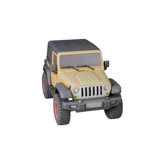 Мультяшная 3D-модель внедорожника в стиле Jeep, трехчетвертной студийный вид, стилизованный ассет транспортного средства с ув
