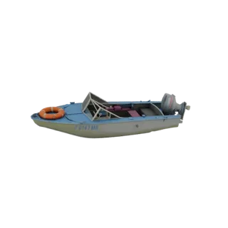 3D модель синей моторной лодки с подвесным мотором и оранжевым спасательным кругом, вид сбоку.