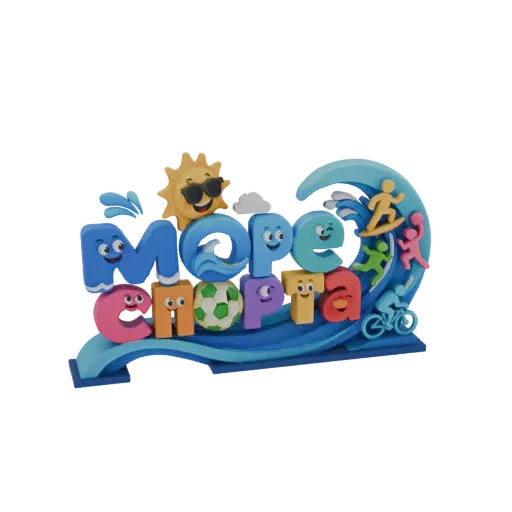 3D-модель логотипа «Море Спорта» с синей волной, улыбающимся солнцем и красочными фигурами, занимающимися серфингом и велоспо