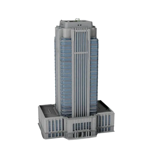 3D модель небоскреба в стиле ар-деко, готовая к использованию в Blender, вид студийного рендера Blender, показывающий материа