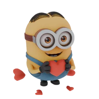 3D модель желтого Миньона в синем комбинезоне и очках, держащего красное сердце с счастливым выражением лица.