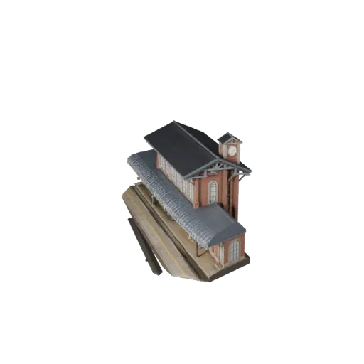 Стилизованная 3D модель здания вокзала, изометрический вид стилизованного игрового окружения, показывающий материалы общедост