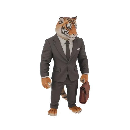 3D модель тигра в деловом костюме с портфелем на белом фоне.