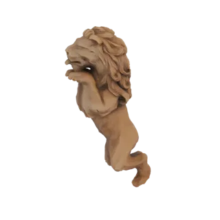 3D модель скульптуры прыгающего льва с древовидной отделкой, запечатленная в воздухе с развевающейся гривой.
