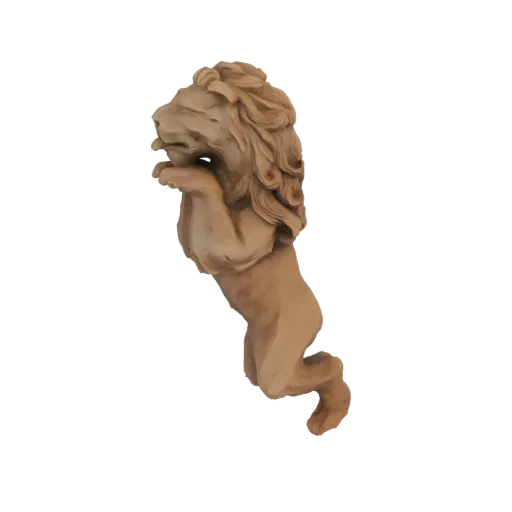 3D модель скульптуры прыгающего льва с древовидной отделкой, запечатленная в воздухе с развевающейся гривой.