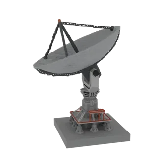3D модель большой серой спутниковой тарелки с детализированной опорной конструкцией, отрисованная на белом фоне.