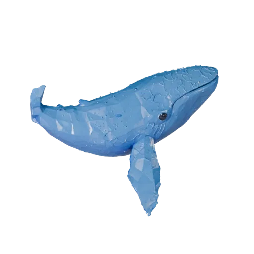 Низкополигональная 3D-модель синего кита, вид сбоку игровой камеры, низкополигональный ассет животного с реакцией кожи под во